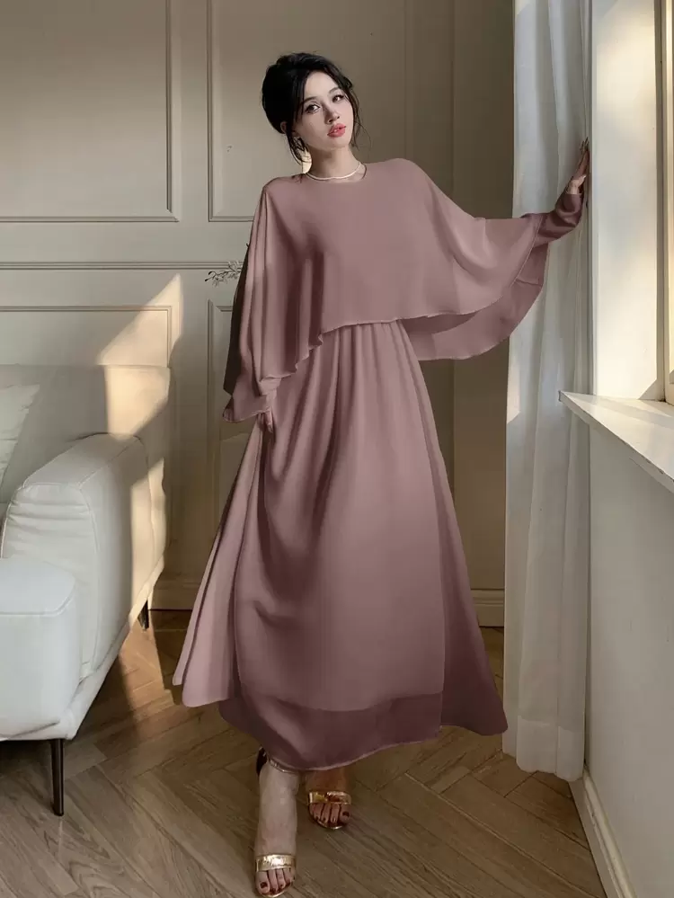 Robe de soirée mi-longue en mousseline pour femmes, robe élégante à manches longues pour le printemps/automne