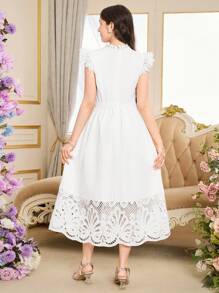Elegante Vestido de Verão Branco de Renda com Babados e Mangas Curtas para Adolescentes, Vestido Longo Branco Gracioso e Adequado para Festa, Encontro, Passeio - Branco - Visão 2