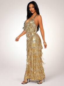 SHEIN SXY 高端派对分层亮片流苏连衣裙，浅金色 - 金色 - 查看 4