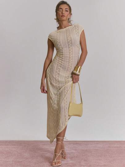 MUSERA Slash Neck Asymmetrical Hem Ruched Waist Textured Cap Sleeve Midi Dress For Spring Summer Bridal Bachelorette Hen Do Wedding