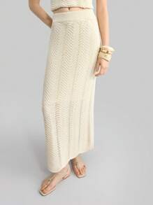 Ontre 女士休闲纯色长款针织裙，适合度假装女士 - 杏色 - 查看 2