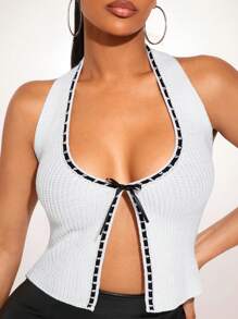 SHEIN SXY Simple Minimalist Sexy Halter Contrast Color Ribbon Bow Backless Sexy Knitted Tank Top - White - View 1