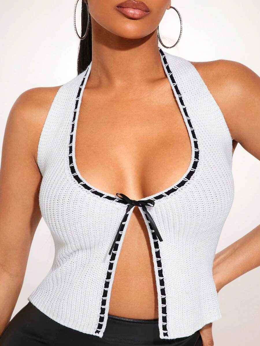 SHEIN SXY Simple Minimalist Sexy Halter Contrast Color Ribbon Bow Backless Sexy Knitted Tank Top - White - View 1