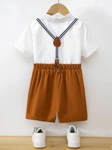 Young Boy 2pcs Outfit: White Dress Shirt And Suspender Shorts Suit - Multicolor - View 2