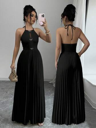 SHEIN Privé 女士优雅杏色露背系带前镂空金属水钻蝴蝶结褶皱阔腿连体裤