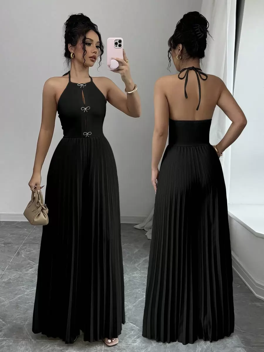 SHEIN Privé 女士优雅杏色露背系带前镂空金属水钻蝴蝶结褶皱阔腿连体裤