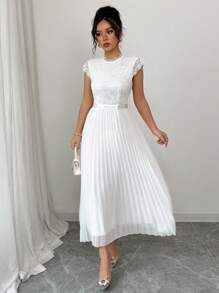 Elenzga Women's Summer Lace Splice Pleated Long Dress (Floral Pattern Asymmetric Cut) - White - View 3