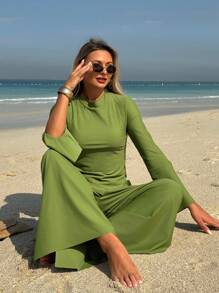 SHEIN Swim Mulvari Women's Solid Color Long Sleeve Bikini Top, Minimalist & Fashionable For Summer - Olive Green - View 4