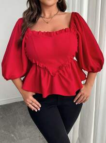 SHEIN Clasi Plus Size Women's Solid Color Square Neck Frill Puff Sleeve Heart Print Casual Spring/Summer Short Sleeve Shirt - Red - View 3