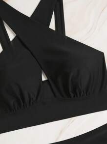 Swim Vcay 2 件套纯色十字领镂空抽绳性感时尚泳衣 - 黑色 - 查看 6