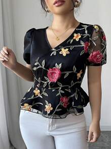SHEIN PETITE 大码女式编织小V领撞色网眼优雅夏季衬衫 - 黑色 - 查看 5