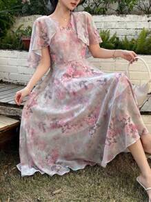 DAZY V-Neck Floral Print Ruffle Sleeve Mid-Calf Length Dress For Women,Fall Dress Long Sleeve Dress Vacation Outfits Women - Pink - View 3