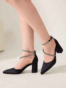 CUCCOO CHICEST Women's Fashion Black Satin Rhinestone Wrapped Ankle Strap Pointed Toe Chunky High Heel Pumps, Suitable For Commuting, Dates, Parties, Shopping, Holidays - Black - View 8