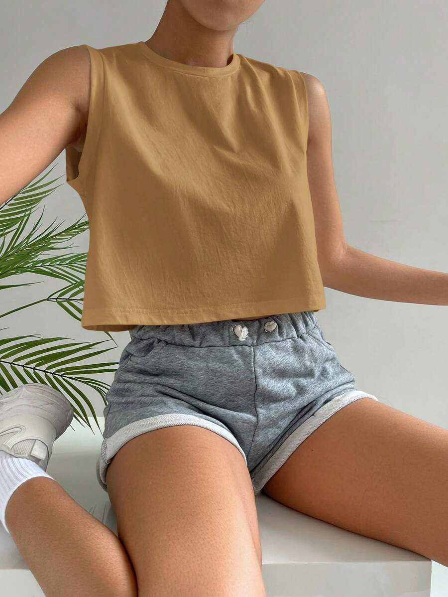SHEIN Essnce Summer Casual Minimalist Solid Color Wide Strap Round Neck Cropped Tank Top - Brown - View 1