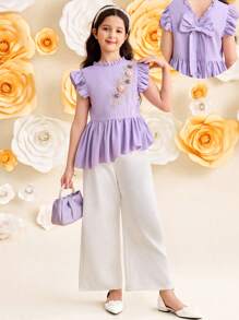 SHEIN Leap Crew 女童编织可爱不对称荷叶边刺绣蝴蝶结装饰衬衫和休闲优雅喇叭裤两件套，薰衣草色，适合春季外出、度假、花园茶会、休闲外出