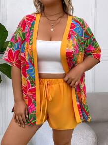 Breezaya 2pcs Plus Size Set: Printed Shirt And Elastic Waist Shorts - Multicolor - View 3