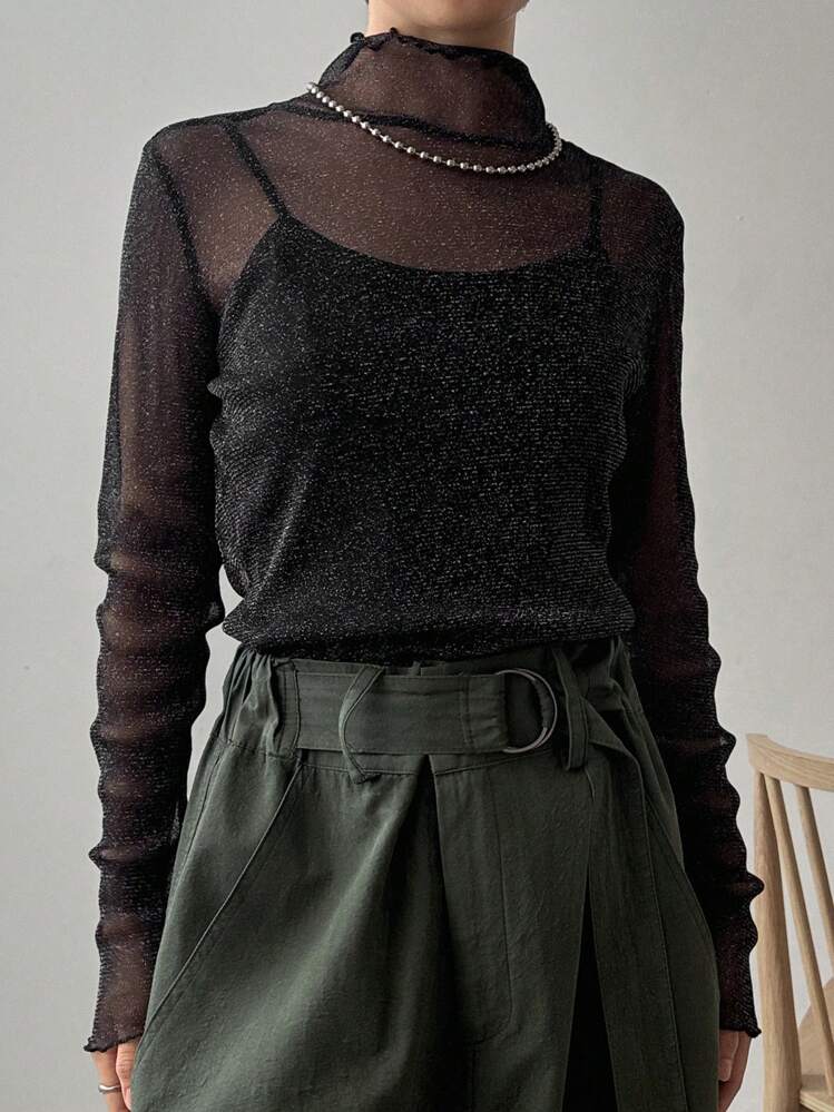 FRIFUL Women's Spring & Summer Ruffled Collar Long Sleeve Mesh See-Through Fitted Blouse Sheer,Back To School Clothes,Fall Women Clothes Stand Collar Women - Black - View 3