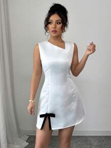 Elenzga Vestido corto mini de línea A con hombros asimétricos, cuello trenzado, mangas cortas y lazo con acentos de color contrastante, elegante para salir, citas, fiestas, banquetes, festivales de música, Ramadán