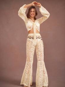 WESTFADE 春季波西米亚风佩斯利钩针蕾丝高腰荷叶边喇叭腿节日裤纳什维尔