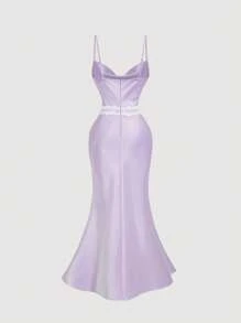 SHEIN MOD Women's Purple Plunging Draped Neck Lace Patchwork Dress,Lavender Dress - Mauve Purple - View 2