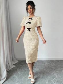 Elenzga Jacquard Bow Front Split Back Fitted Dress - Khaki - View 3