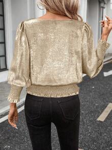 SHEIN LUNE 春季新款浪漫情人节花瓣袖收腰闪亮金珍珠优雅派对和办公室衬衫，金色上衣 - 金色 - 查看 2