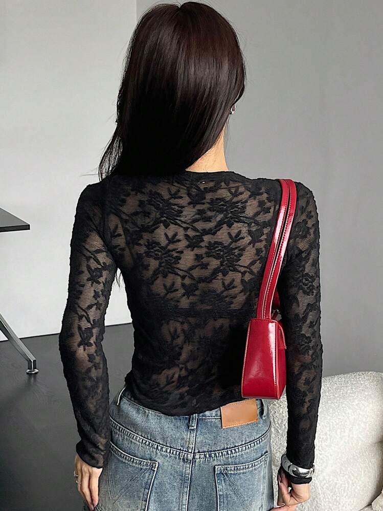 DAZY Top de Gola Alta Transparente de Renda, Manga Longa Justa, Tops para Sair, Transparente, Roupas de Outono, Dia dos Namorados - Preto - Visão 5