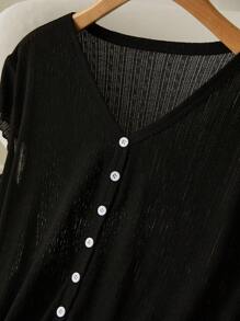 CosyJoli 大码夏季休闲简约宽松纹理褶皱 T 恤 - 黑色 - 查看 5