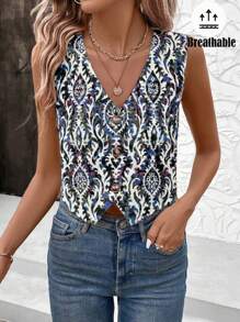 SHEIN LUNE Women's Retro Floral & Geometric Button Down Shirt, Suitable For Spring & Summer - Multicolor - View 4