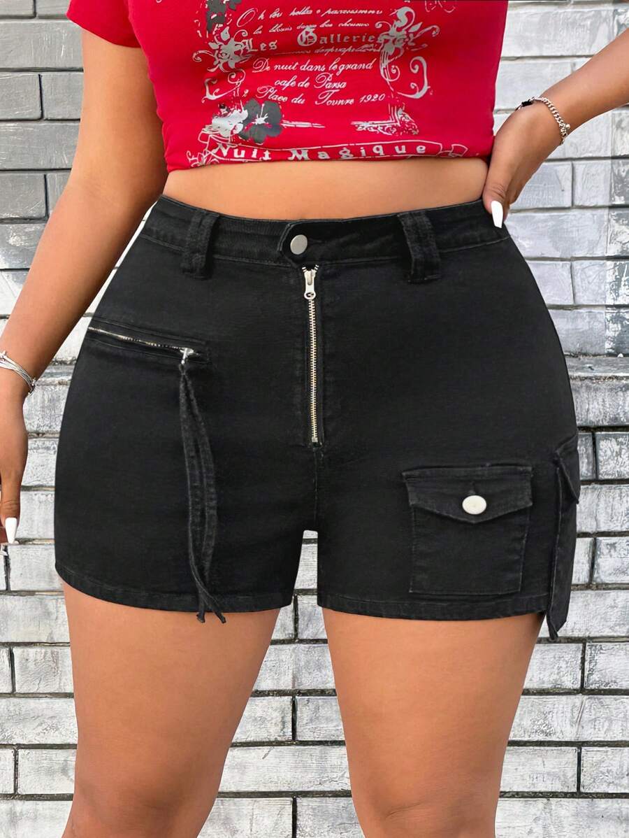 SHEIN ICON Plus Size Casual Denim Shorts, Fashionable For Summer Shorts For Women Denim - Black - View 1