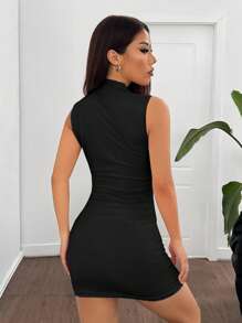 SHEIN EZwear Women's New Solid Color Mock Neck Mini Dress Black - Black - View 2