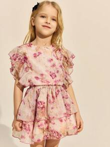 SHEIN Young Girls Elegant Pink Floral Woven Ruffle Hem Blouse / Double Layer Ruffle Hem Skirt Set, Spring/Summer - Multicolor - View 7