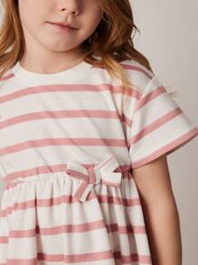 PrepCrw 春夏少女学院风粉色和白色条纹针织短袖运动衫连衣裙