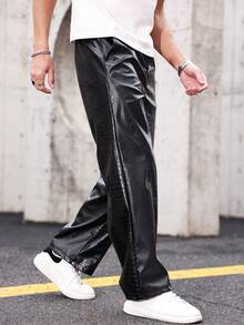 Manfinity Roghcode Loose And Simple Style Leather Pants For Men, Suitable For Spring & Autumn - Black - View 5