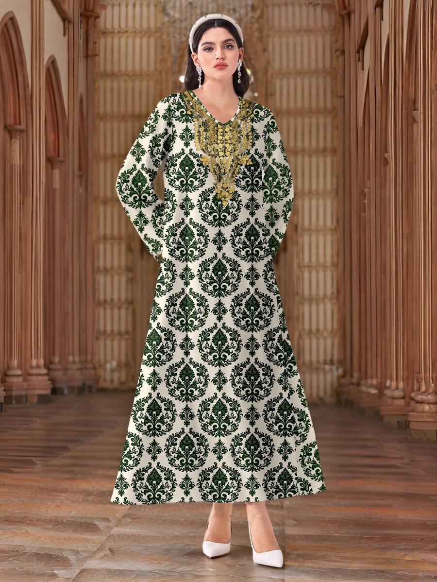 SHEIN Najma 休闲简约全印花朴素阿拉伯风格连衣裙 - 白色 - 查看 1