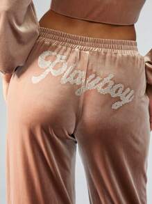 Missguided x Playboy X Velvet Rhinestone Sweatpants Joggers Loungewear Athletic Pants Soft Plush Cozy Fall Winter Tracksuit Bottoms Athleisure Workout