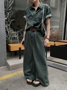 DAZY 2pcs Women Retro Denim Outfit - Pocket Denim Top And Pants Set - Blue - View 6