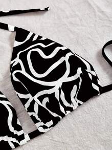 SHEIN Swim Curve 1 pieza Parte superior de traje de baño con estampado digital escote de atar informal y sexy para talla grande, apto para playa y resort