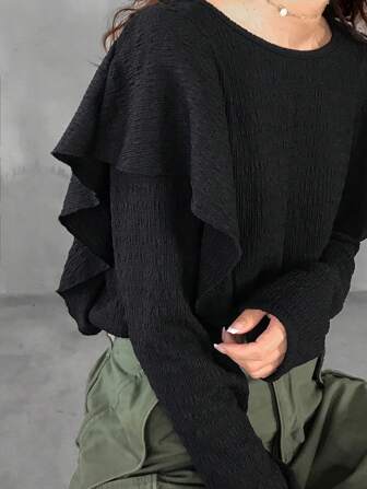 FRIFUL Women Casual Plain Ruffled Hem T-Shirt, Autumn Long Sleeve Women Tops