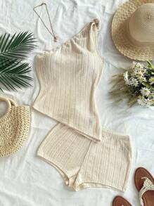 Soleia 2 bộ đồ thường ngày cho nữ áo không tay viền bất đối xứng màu trơn và quần short - trắng - Xem 3