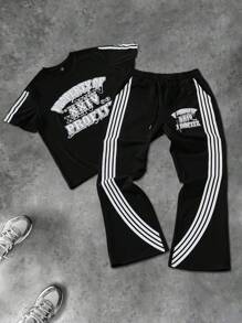 Manfinity Streetrush Manfinity Streetrush Men's Color Block Stripe & Letter Print T-Shirt And Pants Set,Boyfriend Gifts