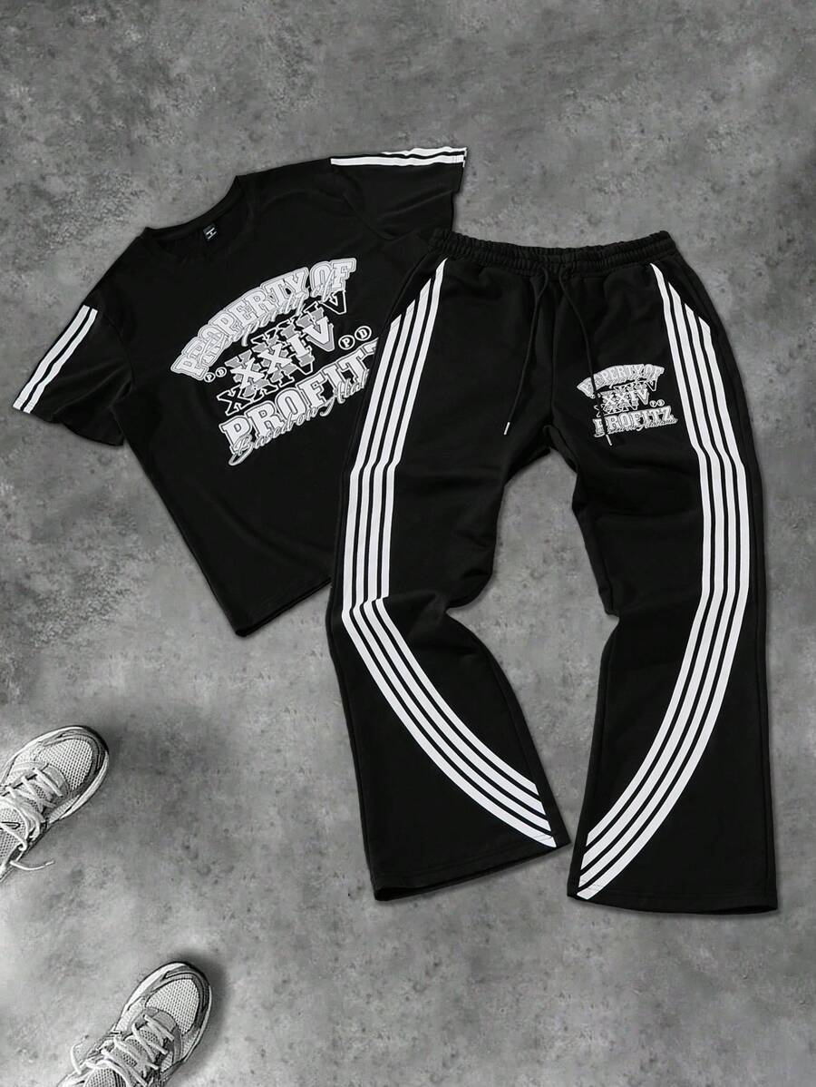 Manfinity Streetrush Manfinity Streetrush Men's Color Block Stripe & Letter Print T-Shirt And Pants Set,Boyfriend Gifts