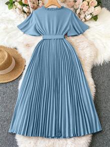 DreamSkyne Plus Size Women's Frill Trim Pleated Hem Swing Dress Maxi Women Outfit - Baby Blue - View 2