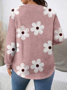 SHEIN LUNE Casual Minimalist Grey Floral Print Plus Size Crew Neck Loose Fit Sweatshirt, Suitable For Spring And Autumn - Multicolor - View 2