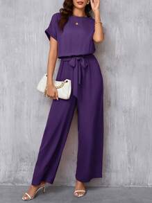 SHEIN Clasi Women's Elegant Round Neck Jumpsuit With Waist Belt And Wide Leg Purple - Purple - View 5