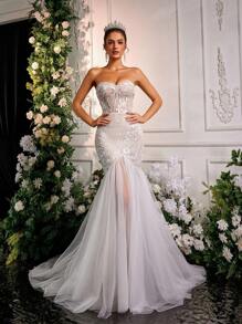 Glamrae Elegante, lujoso y romántico vestido de cola de sirena con parches de tul, detalles florales en 3D, aplicaciones de lentejuelas y encaje sin tirantes, adecuado para ceremonia de boda, vestido de novia