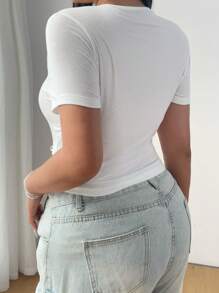 Flirla Plus Size Embroidered Short Sleeve Round Neck Slim Fit Casual T-Shirt, Summer