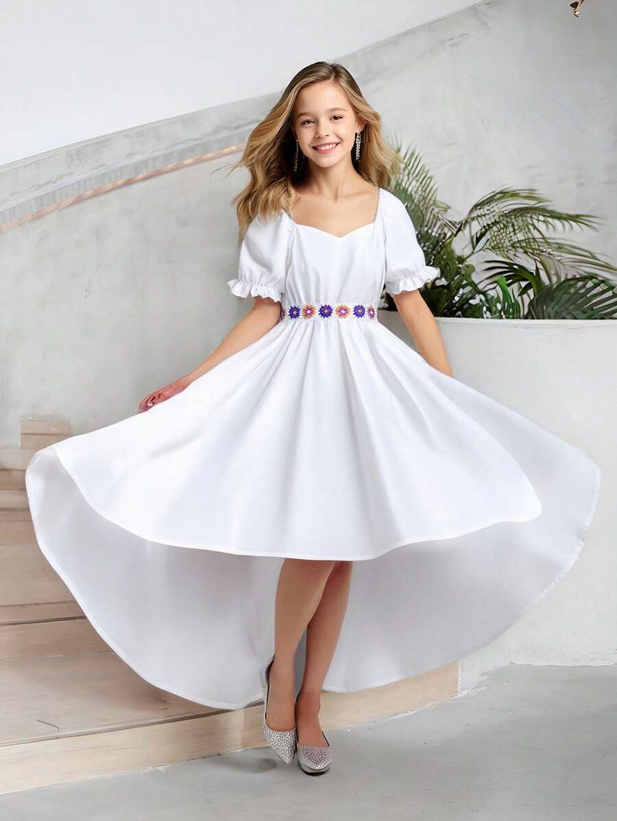 Charming White Puff Sleeve Dress For Summer,Holiday Summer Travel - White - View 1