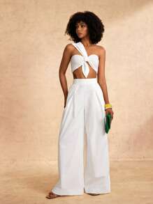 Neuer Frühlings- und Sommer-Lässig- und eleganter Urlaubs-Einschulter-Knoten-Design-Crop-Top mit breitem Bein Superweite Hose Weiß Gewebt Damen Zweiteiler-A