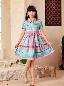 SHEIN Leap Crew Vestido informal y cómodo con patrón geométrico, cuello y empalmados para niña preadolescente - Multicolor - Ver 4